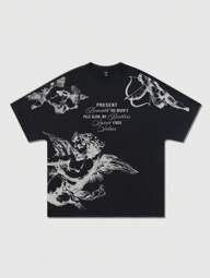 ROMWE MEN Street Life Camiseta de manga corta con estampado de alas de murciélago de ángel para hombre, adecuada para uso diario, primavera/verano, Halloween