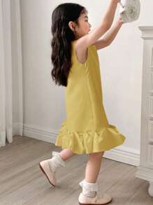 DAZY Young Girl Sleeveless Round Neck Patchwork Ruffle Hem Princess Dress, Luxurious Fall Outfit - Yellow - View 2