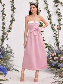 Coutiva Women Woven Two-Tone Patchwork 3D Floral Bandeau A-Line Party Dress, Wedding Guest Dress, Music Festival Spring/Summer, Prom Dress