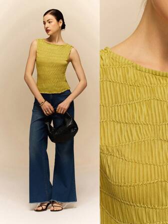 Poéselle 女式背心 褶皱纹理面料 舒适女式休闲纯色纹理背心 夏季上衣 夏季女式波西米亚风背心 短款上衣 夏季春季女式西部服饰 女式波西米亚风上衣 夏季女式上衣 夏季女式节日可爱上衣 Y2k 春季上衣 夏季女式绿色上衣