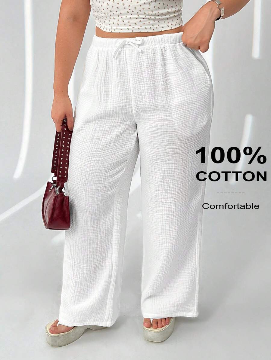 SHEIN EZwear Plus Size Women Beach Vacation, Brunch For Women, White Casual Drawstring Pockets Wide Leg Pants, Spring Summer