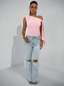 SHEIN BAE Women Asymmetrical Neck Tie Shoulder Casual Blouse, Elegant Club Party & Night Out, Suitable For Autumn Pink - Coral Pink - View 3