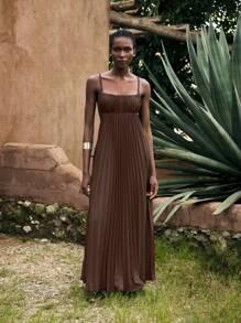 Maija 女士棕色休闲夏季连衣裙，现代波西米亚纯色沙滩装，简约无袖褶皱热带度假连衣裙，优雅女士度假连衣裙 - 棕色 - 查看 9