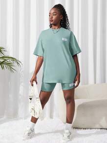 SHEIN 2pcs Teen Girl Plain Knit T-Shirt And Shorts Set, Green - Green - View 4
