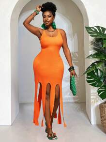 Slaydiva 2025 新款狂欢/复活节女装/老钱风格女装/乡村音乐会装/外出装/仙女风/节日装/热带度假女装夏季女士服装/夏季/狂欢/欧洲夏季/春季服装/西装女士加大码/音乐会/毕业装，百搭日常休闲简约性感极简大码，休闲纯色细肩带流苏下摆中长连衣裙 - ZZ