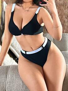 SHEIN Swim 女士撞色性感时尚比基尼套装，适合海滩度假，适合夏季海滩度假 - 彩色 - 查看 1