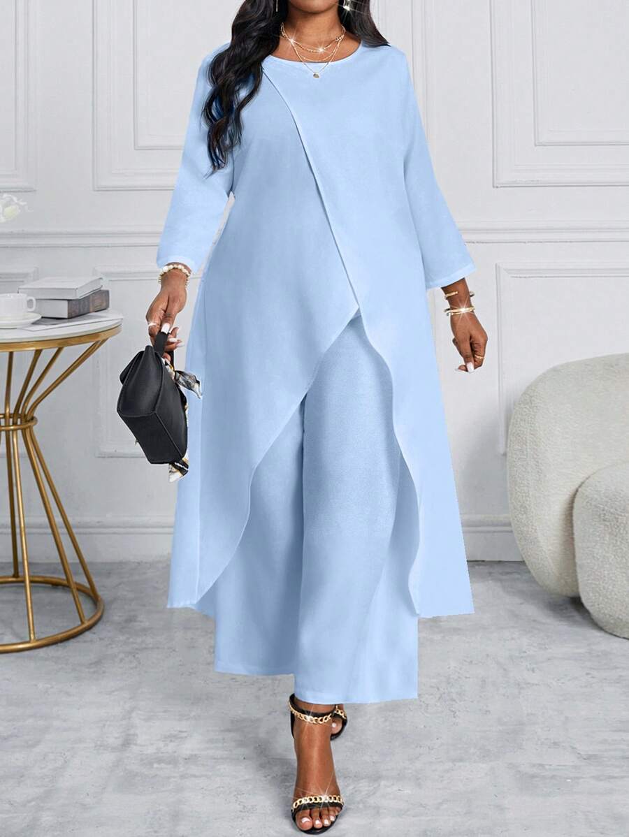 SHEIN Lady Plus Size Autumn And Winter Elegant White Woven Flowy Bell Sleeve Asymmetrical Women Two Pieces Outfits Women Pants Suit - Baby Blue - View 1