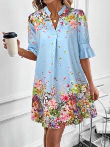 SHEIN Clasi Damen Mittelarm Kleid mit Blume Muster für Valentinstag, Frühling/Sommer
