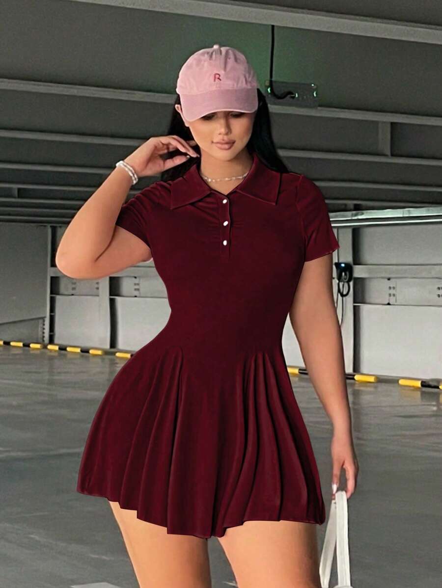 Flirla Plus Size Solid Color Casual Collared Short Sleeve Dress - Burgundy - View 1