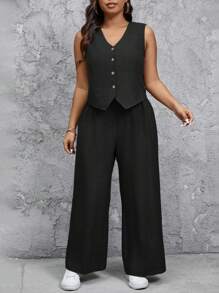 SHEIN Tall CURVE Plus Size Women Single-Breasted Vest And Pants Casual 2 Pieces Set - Black - View 6