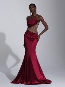 Elitara 优雅华丽的酒红色手工钻石链装饰露肩腰部镂空鱼尾带有拖尾下摆适合约会派对，单身派对，女士正式晚礼服，派对礼服，礼服，晚会，婚礼宾客 - 酒紅色 - 查看 6