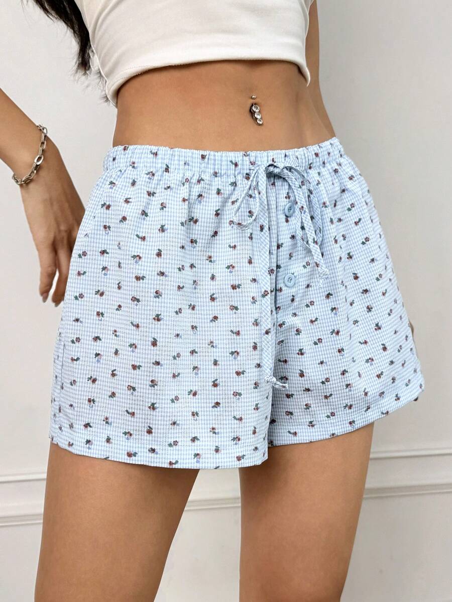 SHEIN EZwear Casual Summer Drawstring Waist Checked Ditsy Floral Shorts - Blue - View 1