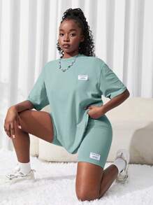 SHEIN 2pcs Teen Girl Plain Knit T-Shirt And Shorts Set, Green - Green - View 3