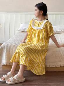 Dazy Kids 青少年女孩秋装，青少年女孩圆领编织格子短袖睡袍家居服，夏季，返校服 - 黃色 - 查看 2