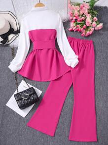 Teenage Girls 2pcs Set: Collared Patchwork Top With Belt And Solid Color Pants
