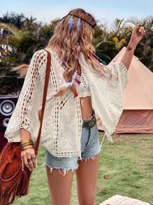 LanaWest 均码女式休闲蝙蝠袖蕾丝拼布镂空节日衬衫 - 白色 - 查看 3