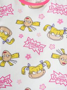 Nick 90s | SHEIN Young Girl Cartoon Floral & Letter Graphic Pink & White Casual Comfortable Tight Fitting Short Sleeve T-Shirt & Shorts Pajama Set - White - View 4