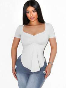 Zolique Foxxy Minimalist Solid Color Casual Square Neck Asymmetric Hem Long Sleeve T-Shirt For Women - White - View 4