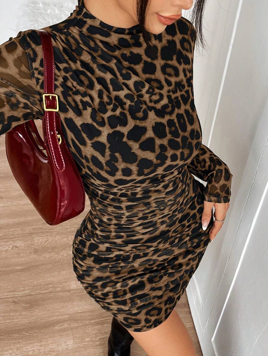 SHEIN EZwear Leopard Print Mesh Long Sleeve Ruched Fitted Mini Dress For Women,Tea Party Dress,Summer Dresses For Women Graduation Dress