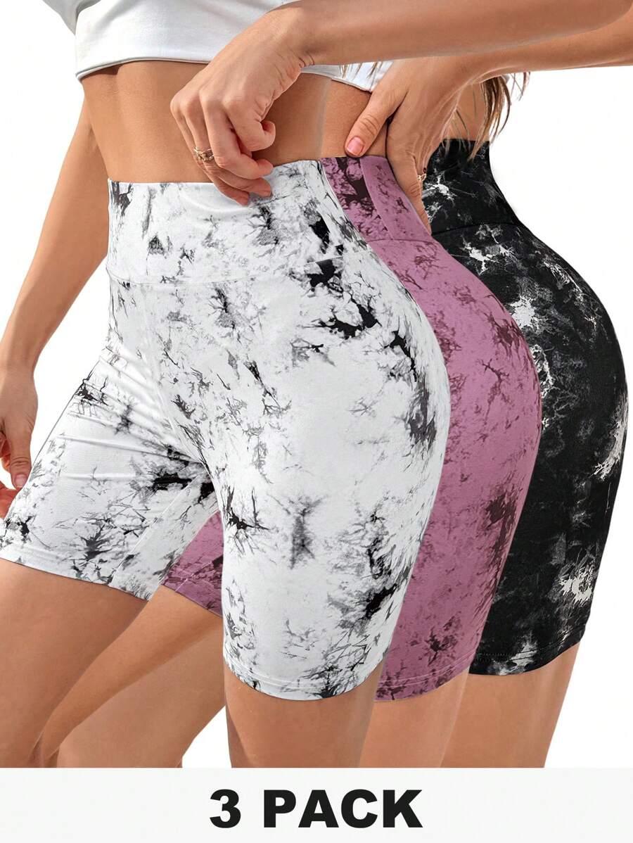 SHEIN Essnce Plus Size Women's Summer And Autumn New Fashion Casual Back To School Clothes Commuting Sports Jogging Tie-Dye Smudge-Dye 3-Piece High-Waisted Sweatpants Joggers Leggings Shorts - Dusty Pink - View 1