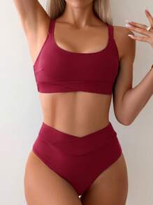 Swim Chiccia Conjunto de bikini informal de 2 piezas de unicolor para mujer, apto para la playa en verano - Burdeos - Ver 1