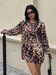 SHEIN EZwear Women's Leopard Print Simple Casual T-Shirt, Fashion For Daily Wear Fall Cloth For Women - Apricot - View 5