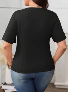 SHEIN Clasi Plus Size Women's French Elegant Commuter Trapezoid Square Neck Button Front Pocket Short Sleeve Blouse, Spring/Summer - Black - View 2