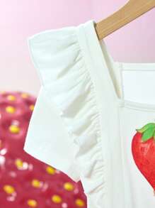 Strawberry Shortcake X SHEIN Set da ragazza giovane con top a maniche corte con grafica di cartoni animati carini e dolci, e gonna rossa a doppio strato