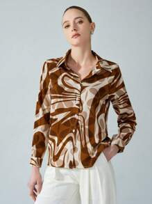 Aveloria Modichic Chemise femme à manches longues, style de conception tissu avec rayures brunes et dorées. Port polyvalent, convient pour le bureau et les tenues décontractées
