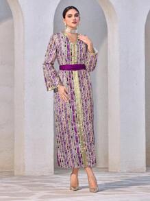 Al Najma 女士花卉印花 V 领长袖优雅阿拉伯风格连衣裙，端庄