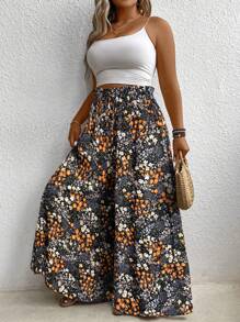 SHEIN LUNE Pantaloni palazzo larghi a vita alta con laccetto e motivo floreale ditsy, per look vacanziero di taglie comode