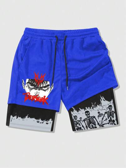 Anime Men's Anime Print 2 In 1 Shorts, Suitable For Everyday Wear, Spring/Summer