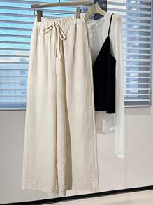 Chiquease Women's Plain Linen-Feel Wide Leg Pants, Casual Spring/Summer