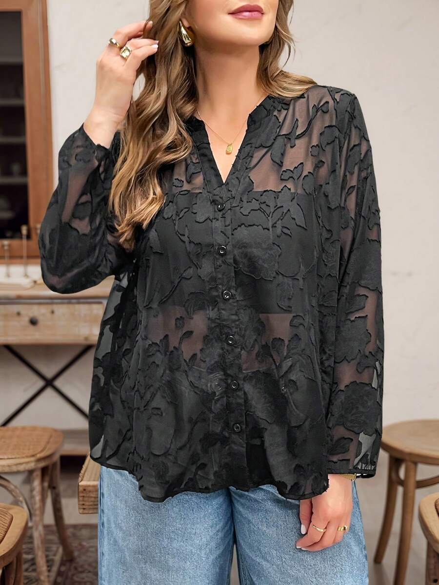 SHEIN Essnce Plus Size Women's Spring And Summer Fashion Casual Loose Comfortable Cool Everyday V-Neck Black See-Through Button-Down Shirt, Women's Summer Clothing, Old Money Style , Curve Tops, Work Tops, Vacation Clothing,Curve Tops - Black - View 1