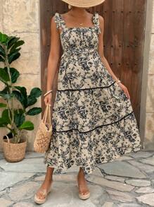 Lyckli Maternity Summer Vacation Full Print Halter Neck Tie Strap Dress Suitable For Summer - Black - View 3