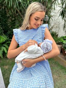 SHEIN Maternity Plaid Round Neck Ruffled Hem Cap Sleeve Cute Nursing Dress - Blue and White - View 3