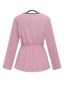 TaskEZ 撞色 V 领长袖上衣和裤子/护理服套装 - 粉色 - 查看 4