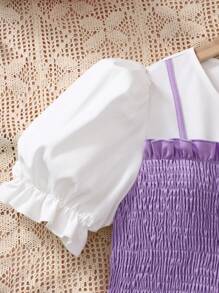 SHEIN Leap Crew TEENGIRL 2pcs Set: Lavender Cable Knit Puff Sleeve Top And Matching Purple Pants, Elegant Two-Piece Outfit - Mauve Purple - View 12