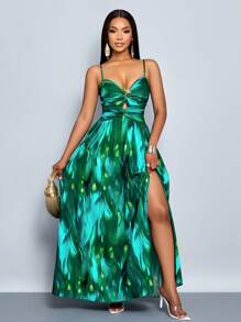 SOLERSUN Robe de plage avec dos nu, fente haute, imprimé tropical sexy et décoration d'étoile de mer dorée (floral aléatoire)