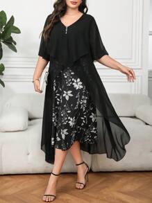 DreamSkyne 大码不对称二合一印花连衣裙 - 黑色 - 查看 1