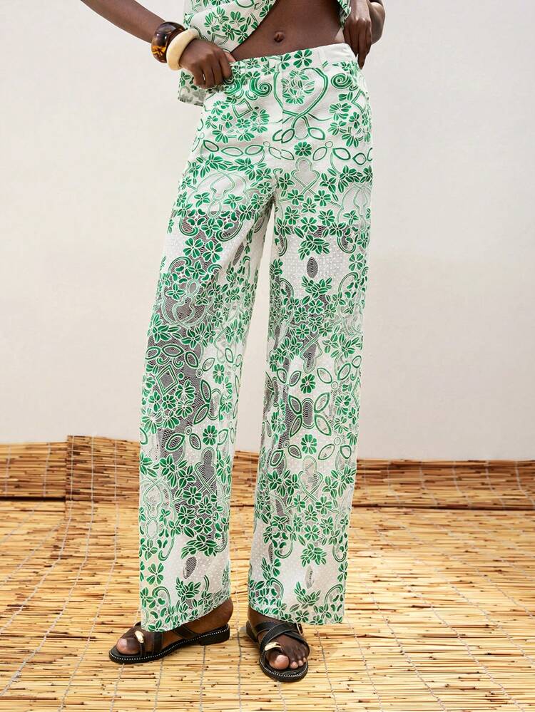 SHEIN Maija 2025 Spring/Summer New Fashion Casual Comfortable Women Green Hollow-Out Embroidery Long Pants