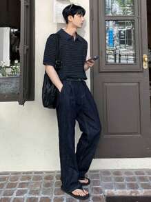 DAZY Men's Line Pattern Jacquard Knit Pullover, Navy Blue, Summer Business Attire - Navy Blue - View 4