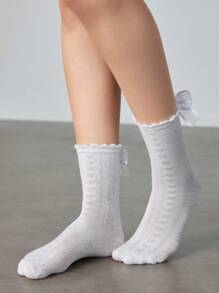 ROMWE Kawaii Women's Solid Color Butterfly Decor Jacquard Mid-Calf Socks - White - View 2