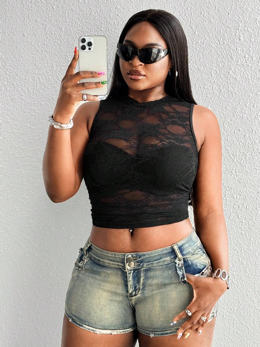 Maweii Plus Size Lace Sexy Sheer Cropped Camisole - Black - View 1