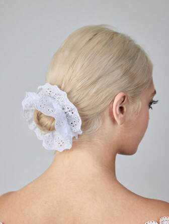 Kawaii 1pc White Embroidered Elastic Hair Tie, Suitable For Everyday Wear Ponytail Holder Hair Rope
