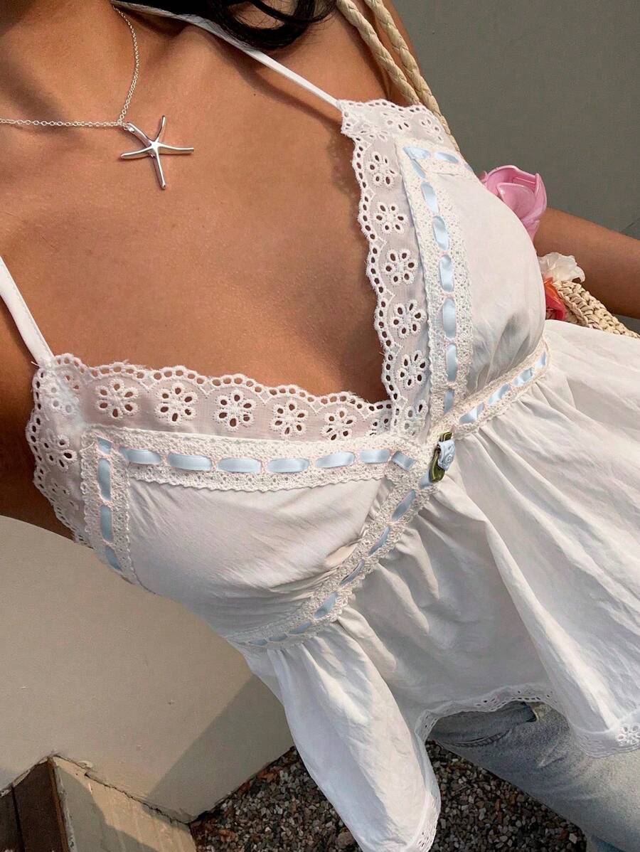 Sunnyshic 女士休闲镂空刺绣露背吊带上衣，适合假期穿着