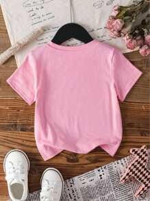 Girls' Simple & Cute Pink Printed Short Sleeve T-Shirt - Pink - View 2