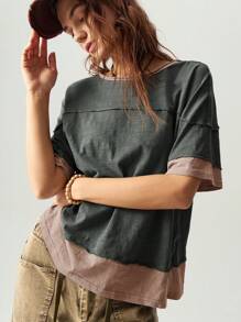 Bohemela Áo thun nữ cổ tròn tay ngắn màu trơn đơn giản dáng rộng - Màu xám đen - Xem 5