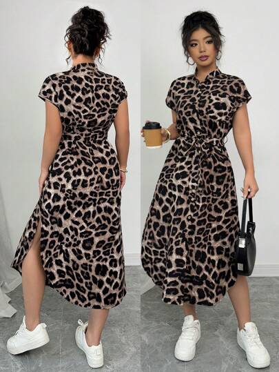 Elenzga Vestido casual de primavera/verano de largo midi con diseño elegante, cuello de camisa estampado de leopardo, mangas raglán, cinturado, lazo, botones de madera y versátil para club para mujeres de talla grande