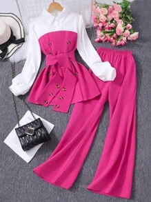 Teenage Girls 2pcs Set: Collared Patchwork Top With Belt And Solid Color Pants